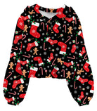 Girls Christmas stockings print fleece pullover hoodie with festive pattern and cozy long sleeve design for holiday and winter wear.