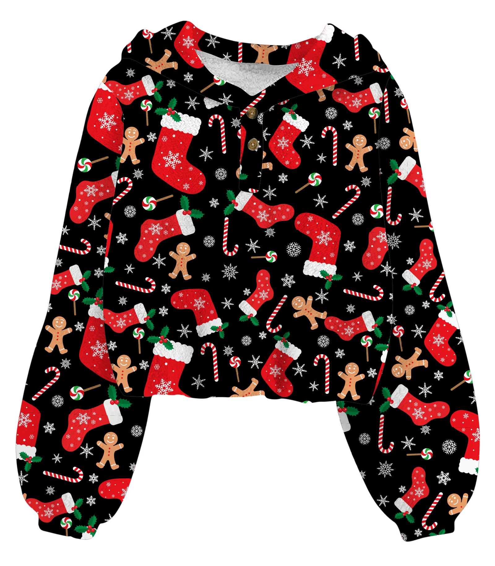 Girls Christmas stockings print fleece pullover hoodie with festive pattern and cozy long sleeve design for holiday and winter wear.