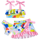 Girls color block 3 piece swimsuit set with bikini and skirt cover up, colorful beach outfit for summer.