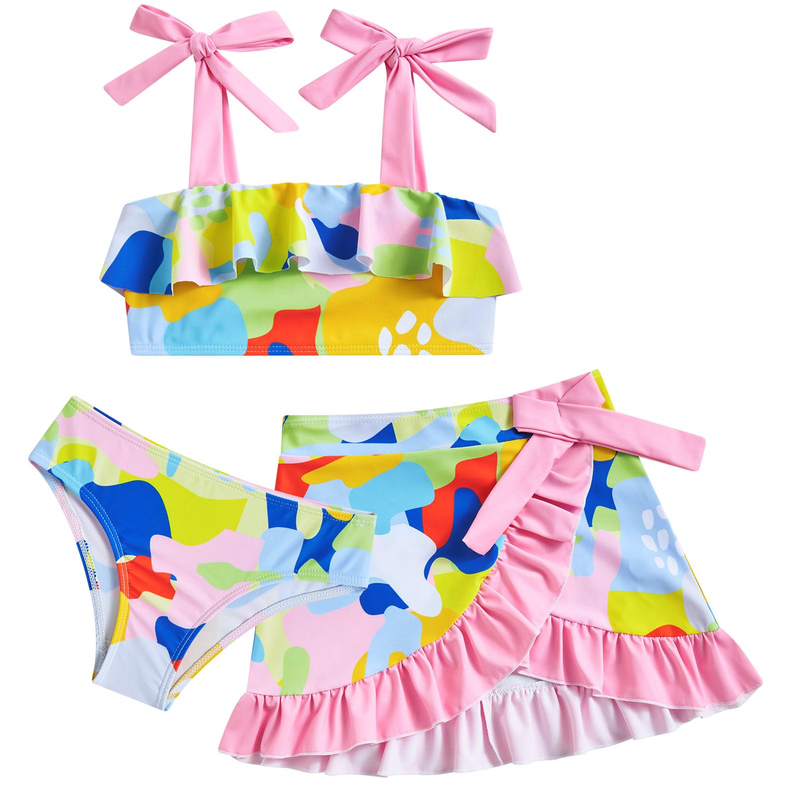Girls color block 3 piece swimsuit set with bikini and skirt cover up, colorful beach outfit for summer.