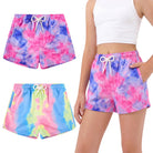 Girls colorful tie dye casual shorts with elastic drawstring waist, lightweight loose fit shorts for summer activities.