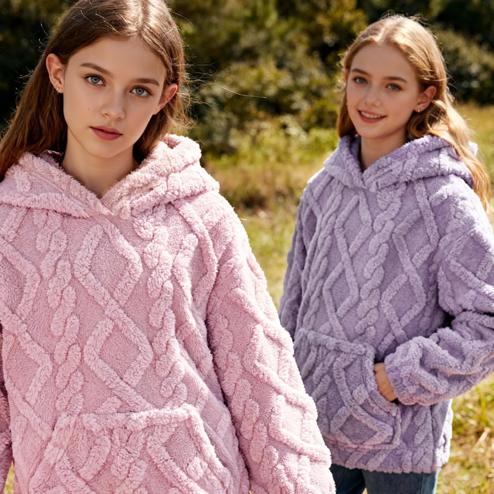 Girls wearing soft coral fleece hoodies in different colors, showing a cozy winter outfit style for casual wear and everyday activities.