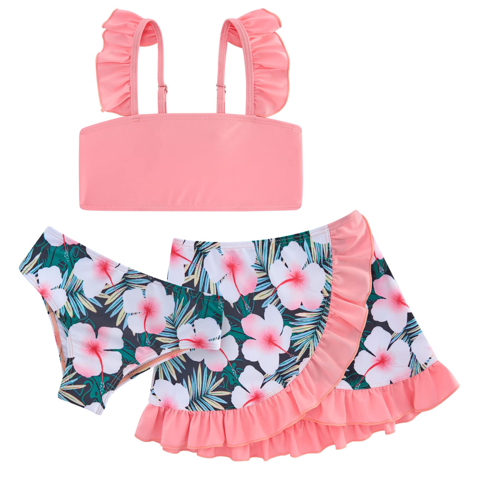 Girls coral pink bikini swim set with ruffle strap top, dark floral print bottoms and coordinating ruffle swim skirt.
