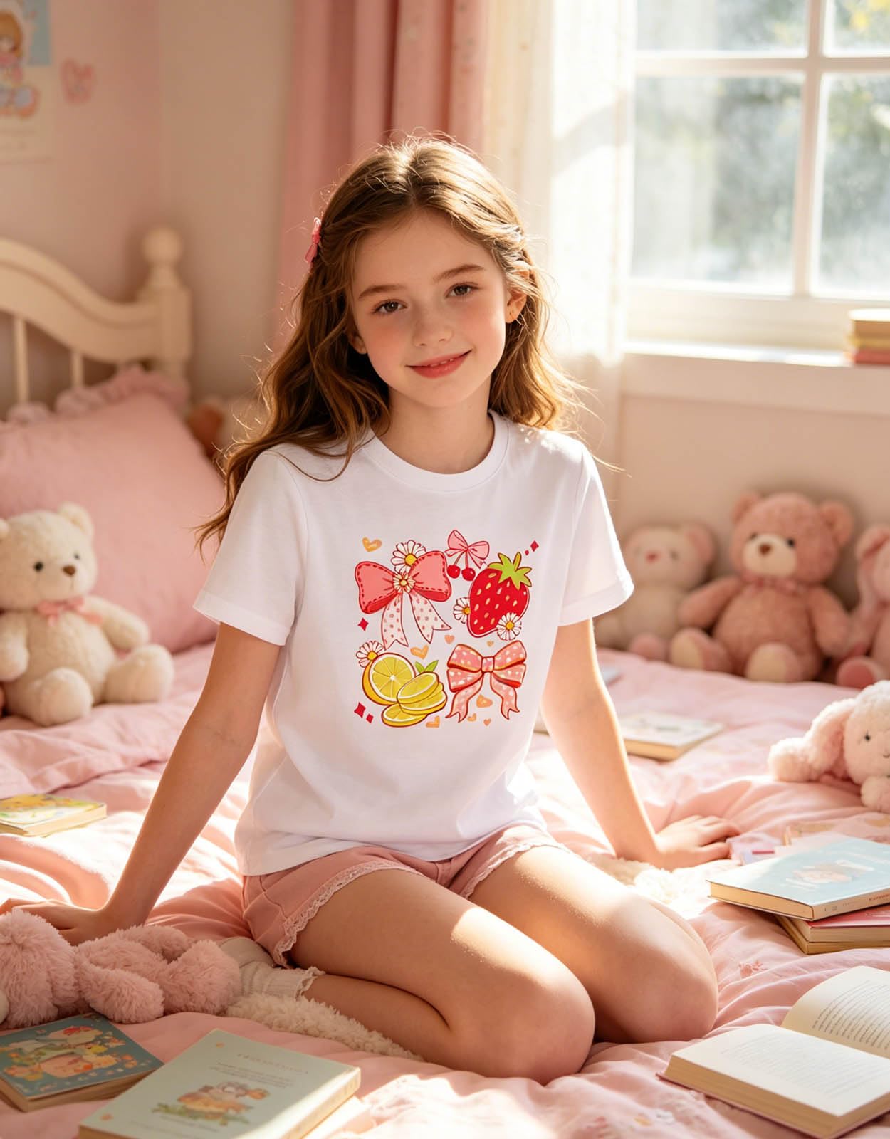 Girl wearing a cotton graphic tee during a casual indoor activity, soft kids clothing for comfortable everyday style.