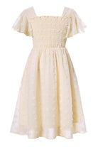 Girls cream Swiss dot chiffon party dress with soft lining and comfortable fit for special occasions.