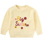 Girls cream yellow knit sweater with colorful Big Sister lettering and playful floral details for cozy everyday wear.