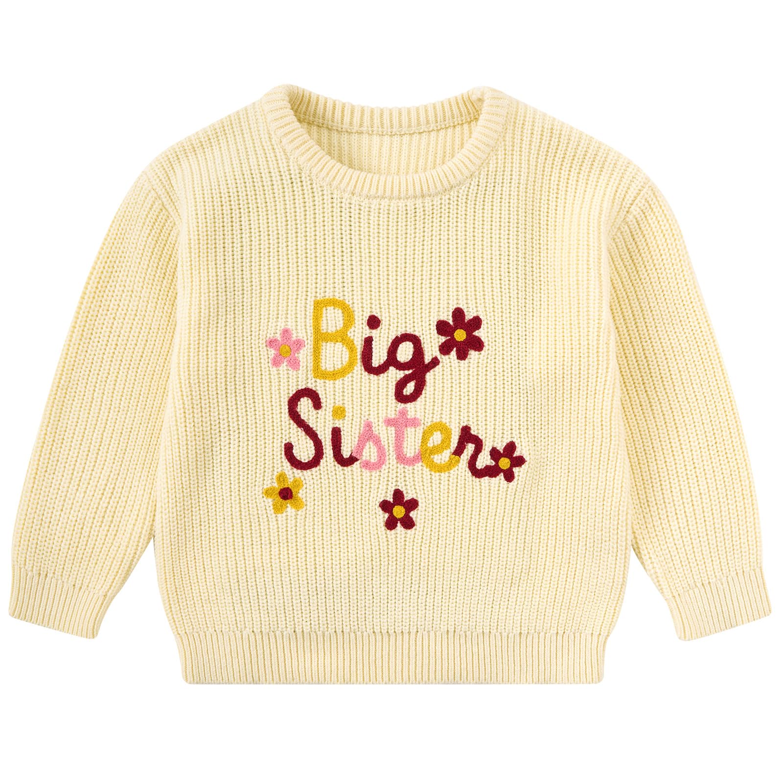 Girls cream yellow knit sweater with colorful Big Sister lettering and playful floral details for cozy everyday wear.