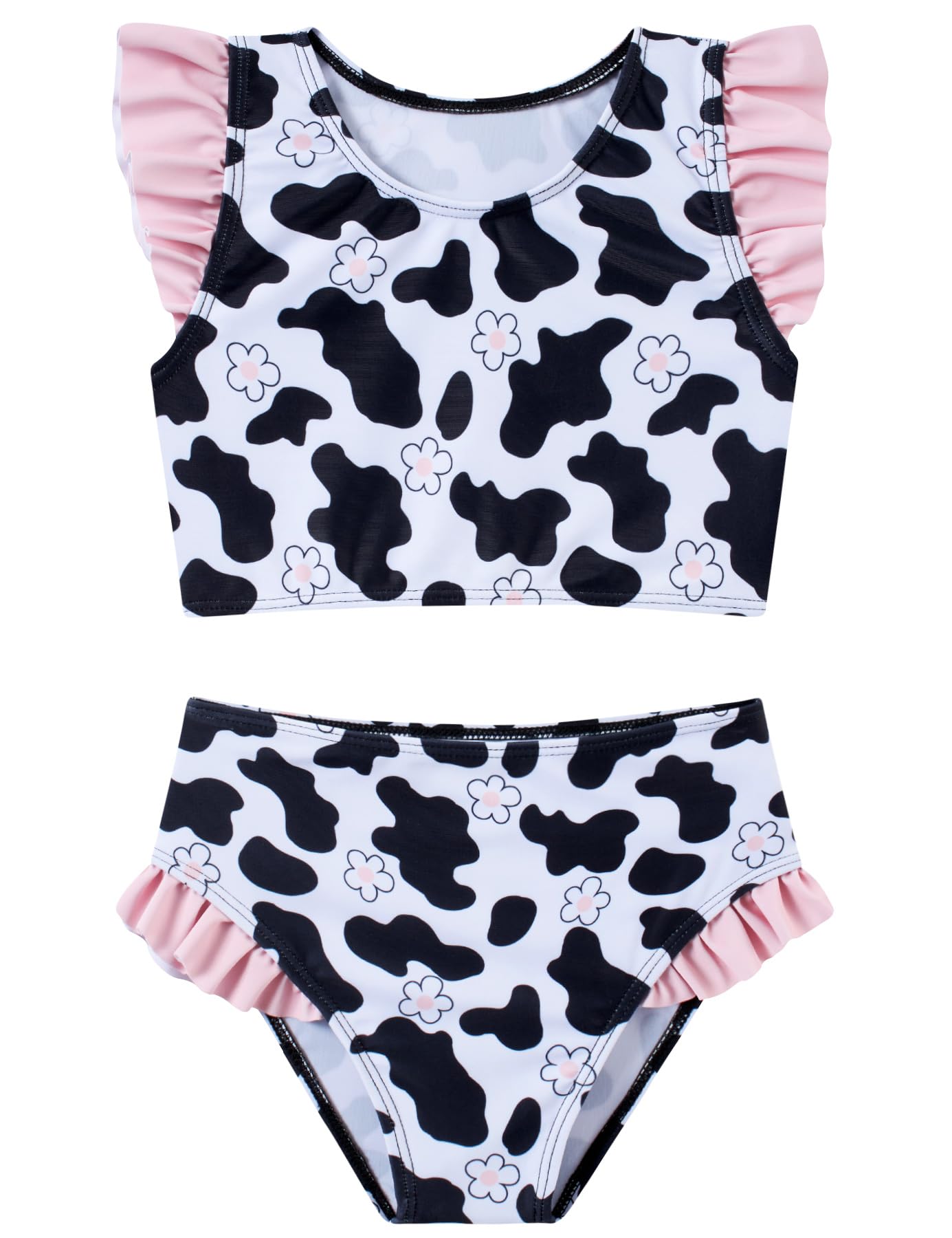 Girls black and white cow print two piece bikini set with ruffle top and matching high-waist swim bottoms for summer fun.