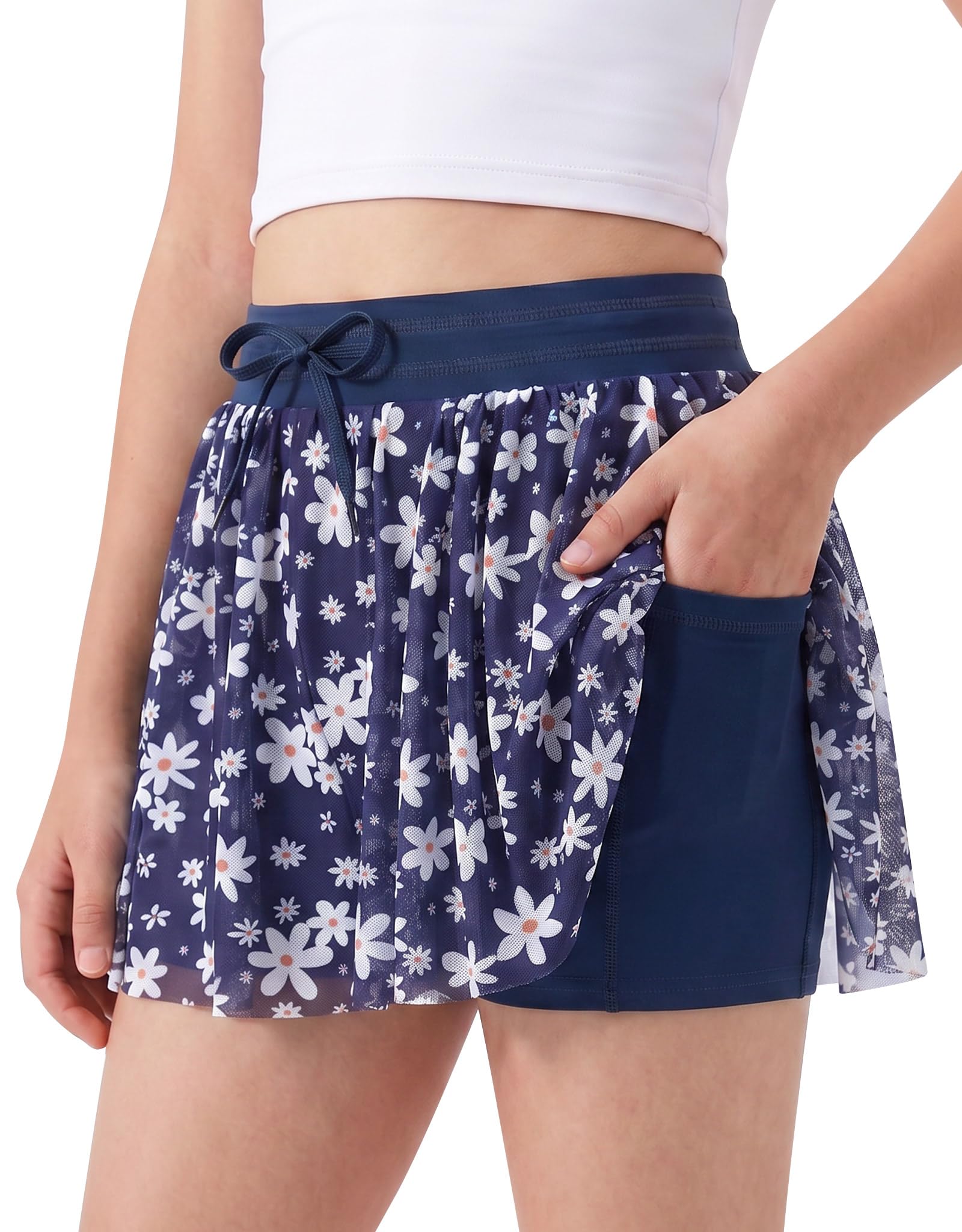 Girls daisy print athletic shorts with comfortable elastic waistband, perfect for summer activities and casual outfits.