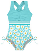 Girls daisy print one piece swimsuit with colorful floral pattern, stretch material and comfortable cross back straps.