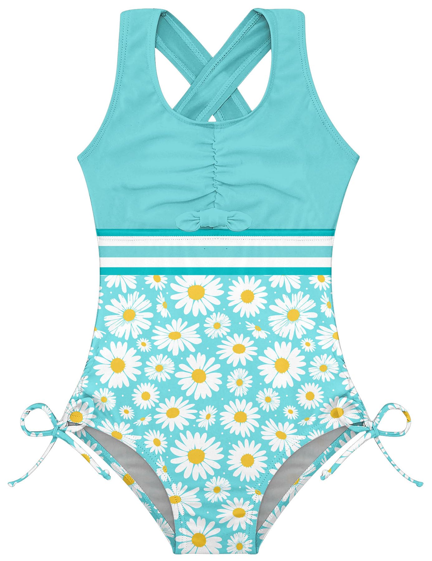 Girls daisy print one piece swimsuit with colorful floral pattern, stretch material and comfortable cross back straps.