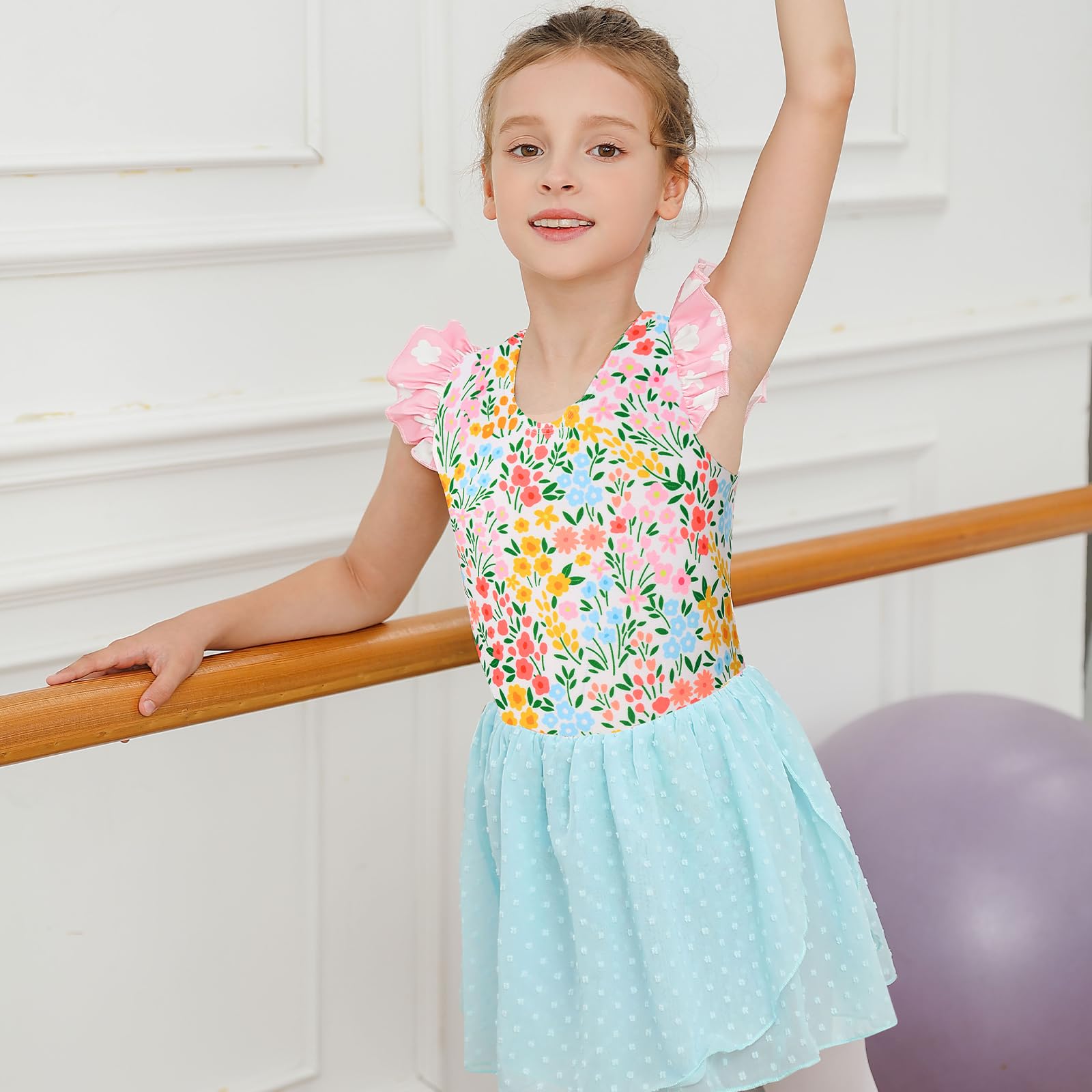 Girls floral dance dress with flutter sleeves and chiffon skirt, perfect for ballet lessons, performances and stage activities.