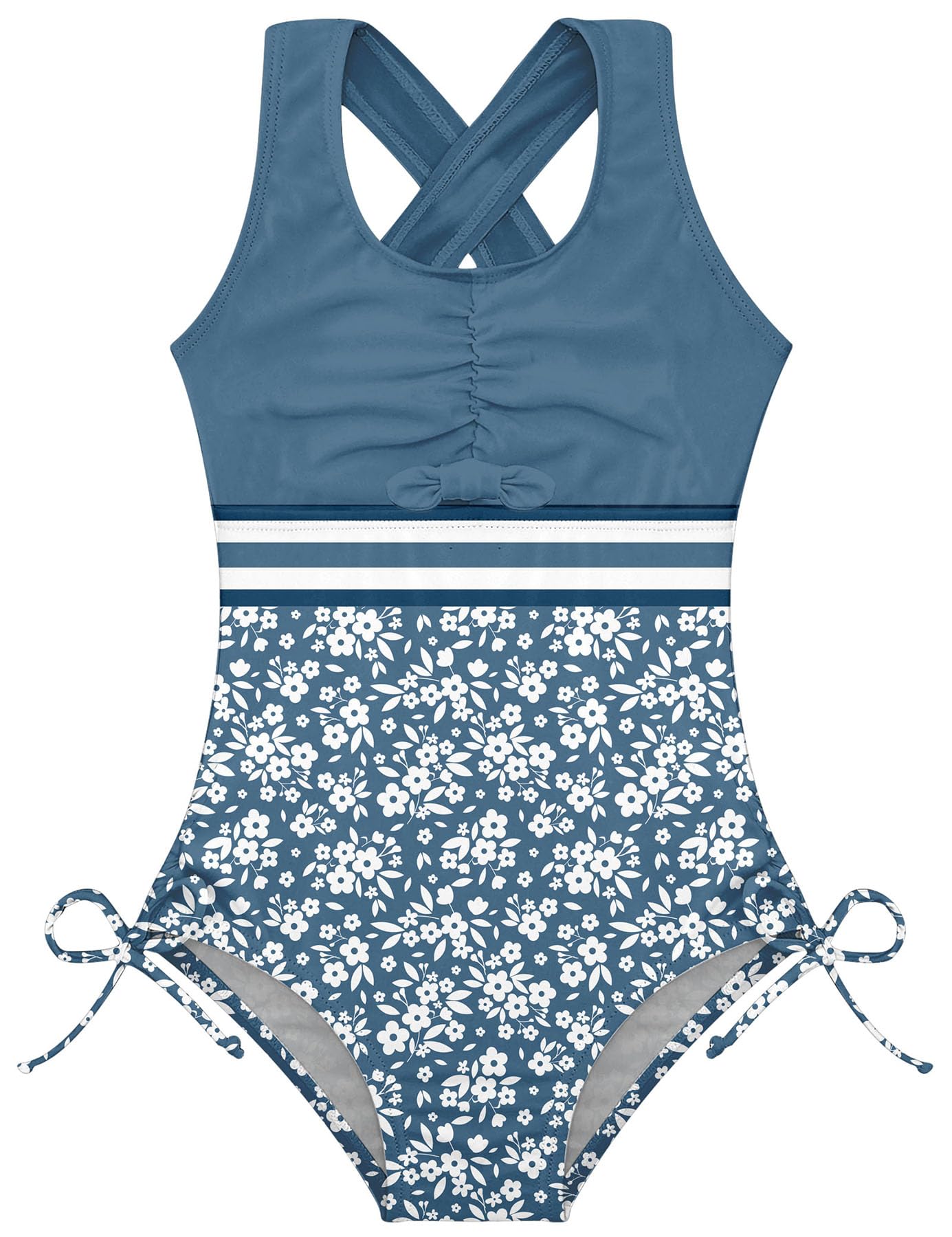 Girls dark blue floral one piece swimsuit with cross back design, stretch fabric and colorful flower print for summer swimming.