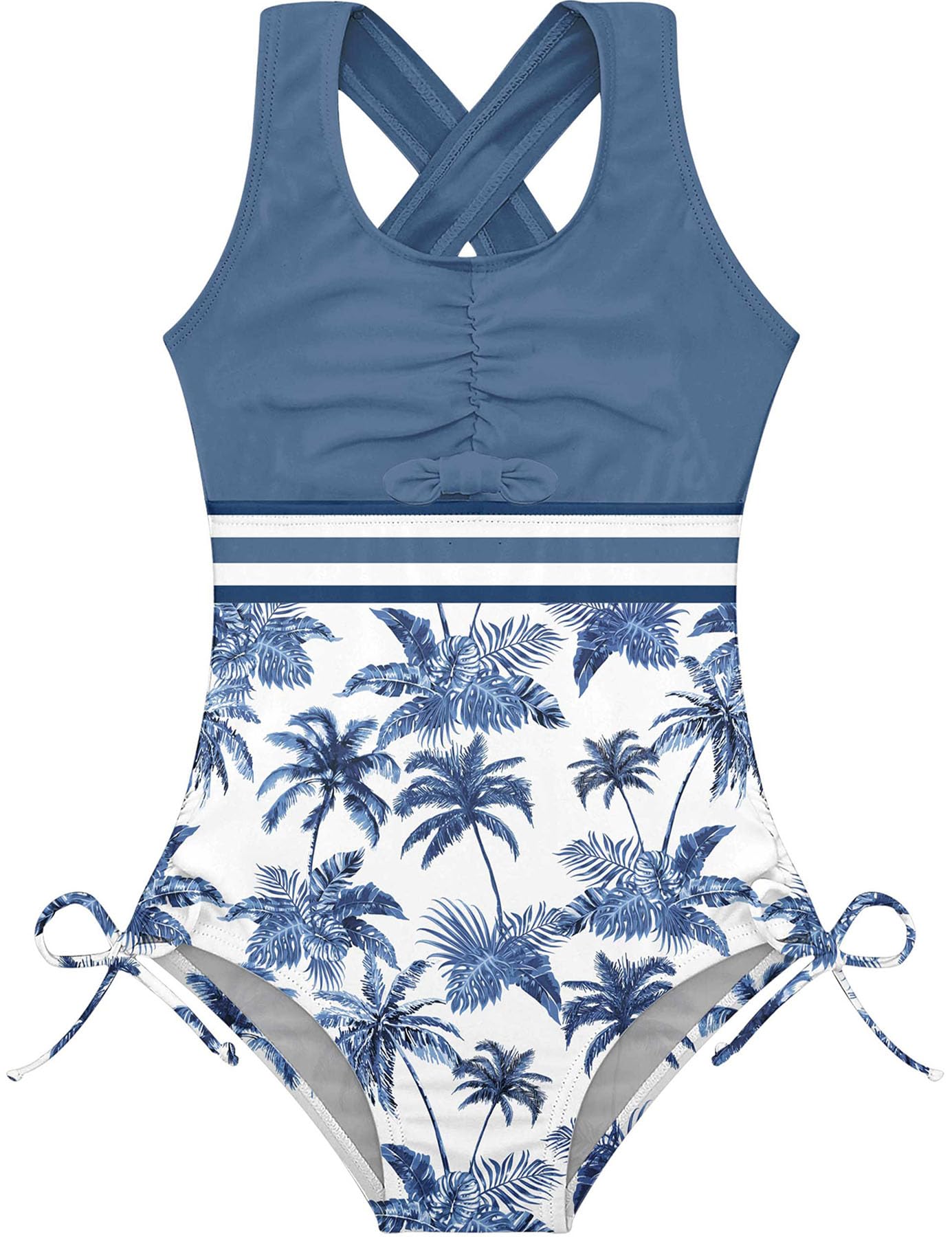 Girls dark blue one piece swimsuit with cross back straps and comfortable stretch fabric for swimming lessons and beach days.