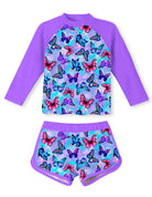 Girls deep purple butterfly rash guard swimsuit set with long sleeve top and shorts, colorful kids swimwear for summer.
