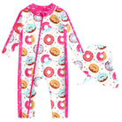 Toddler girls colorful donut print long sleeve rash guard swimsuit with front zipper and matching sun hat for summer water activities.