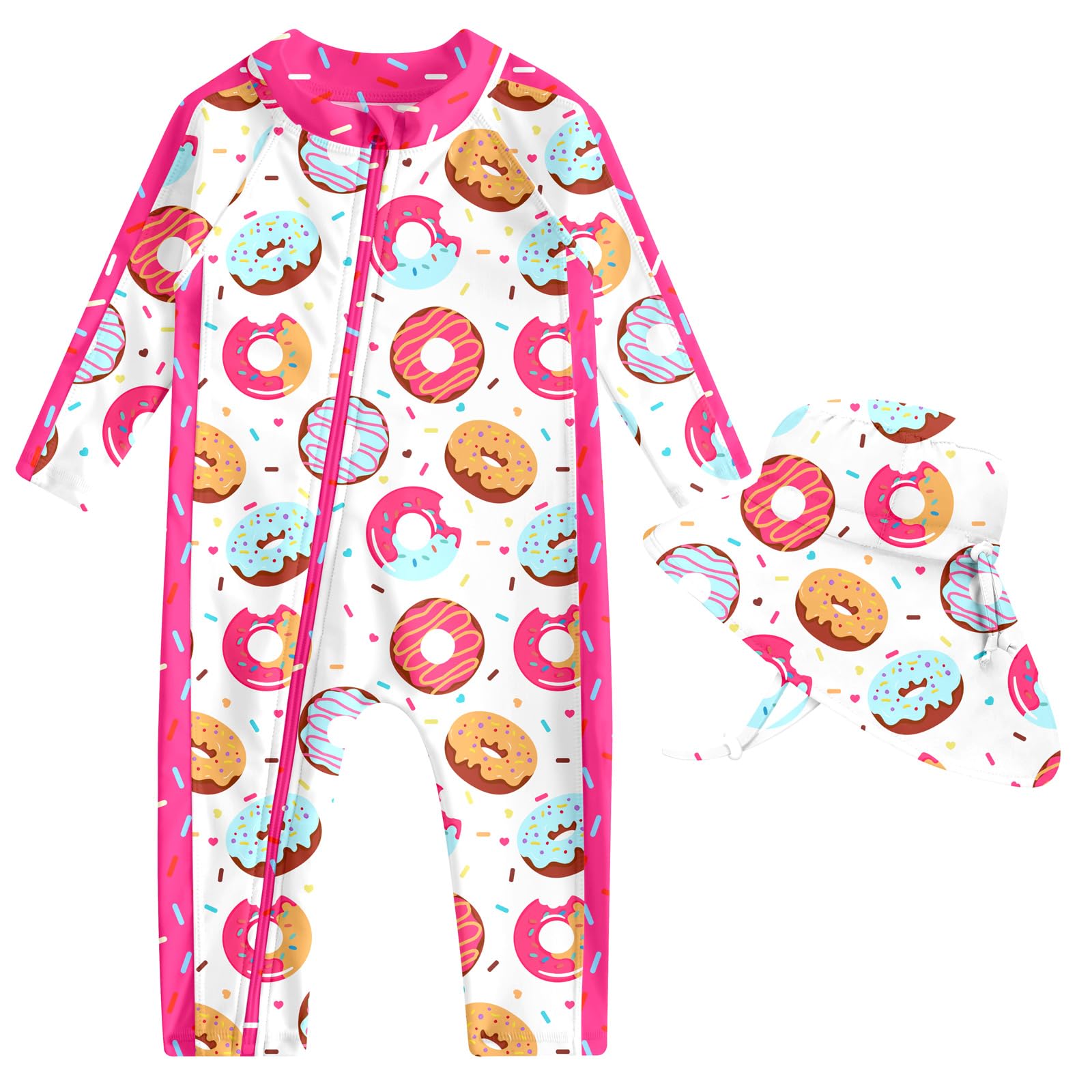 Toddler girls colorful donut print long sleeve rash guard swimsuit with front zipper and matching sun hat for summer water activities.