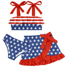 Girls flag print 3 piece swimsuit set with bikini and skirt cover up, fun kids swimwear for summer.