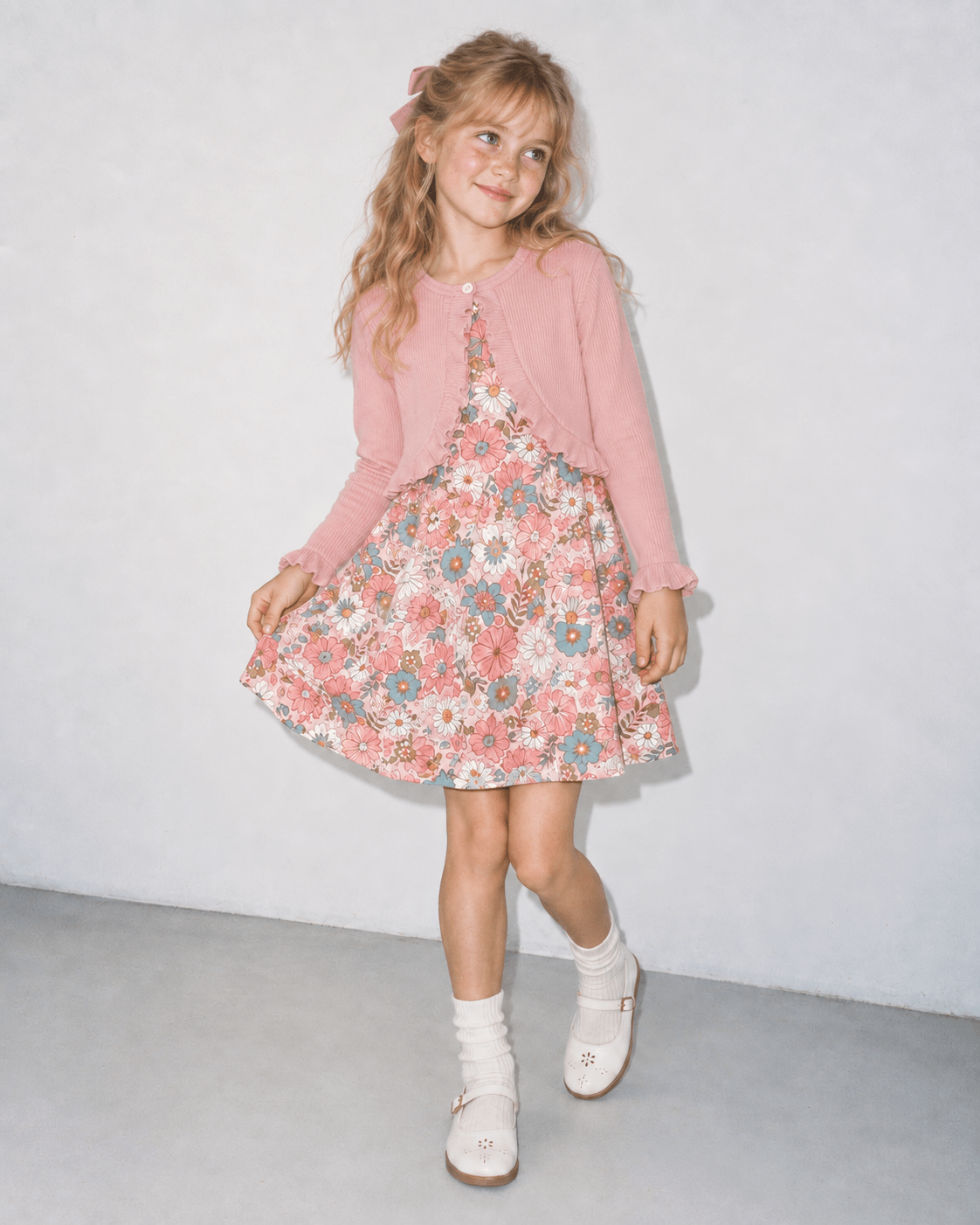 Front view of a girl wearing the Pink Daisy Floral dress and matching cardigan, showing the colorful floral print and coordinated outfit style.