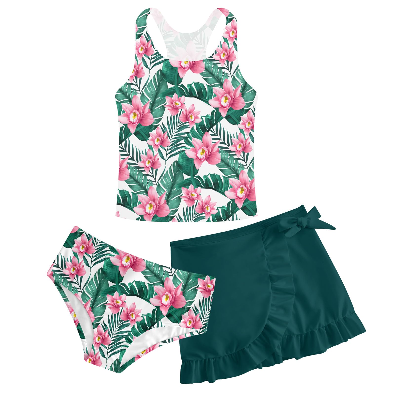 Girls forest green floral tankini swimsuit set with matching swim skirt, comfortable kids swimwear for summer vacations and outdoor water activities.