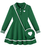 Girls forest green long sleeve polo dress with matching accessory, stylish collared dress for fall and everyday outfits.