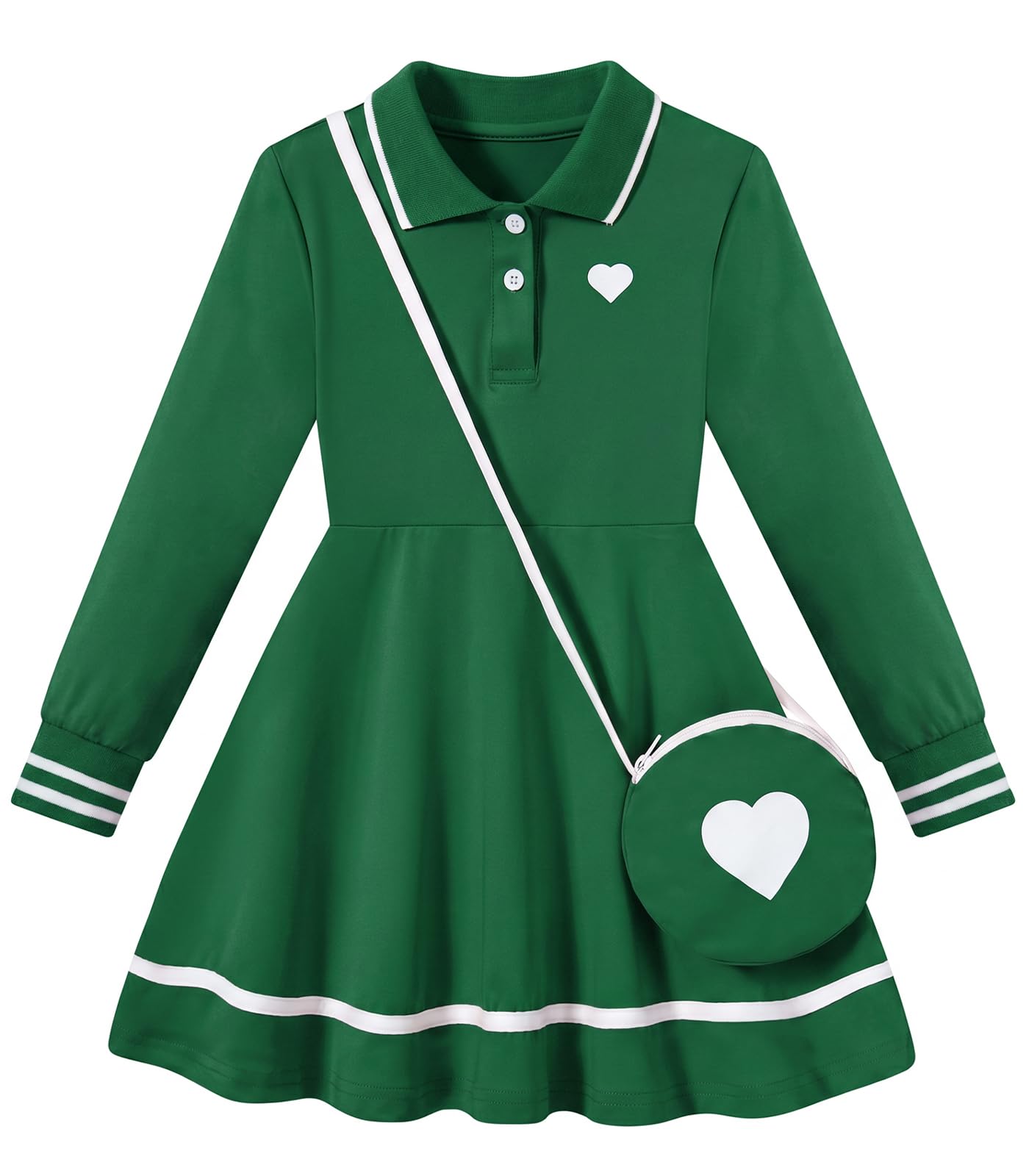 Girls forest green long sleeve polo dress with matching accessory, stylish collared dress for fall and everyday outfits.