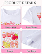 Close up details of girls graphic T shirt showing cute printed design, soft cotton blend fabric and comfortable stitching.