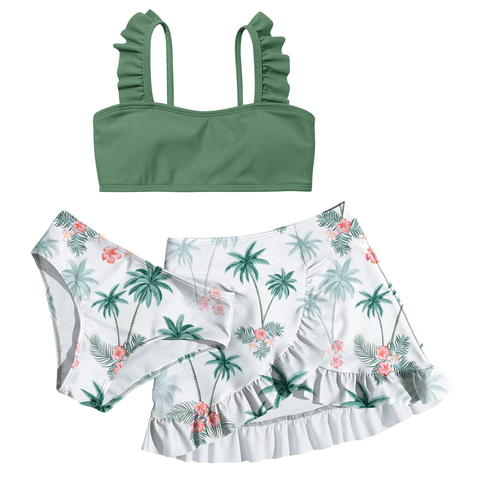 Girls green 3 piece bikini swim set with dark green ruffle top and botanical print bottoms with coordinating swim skirt.