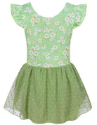 Girls green daisy floral ballet dress with chiffon skirt, cute kids dancewear for ballet classes and performances.