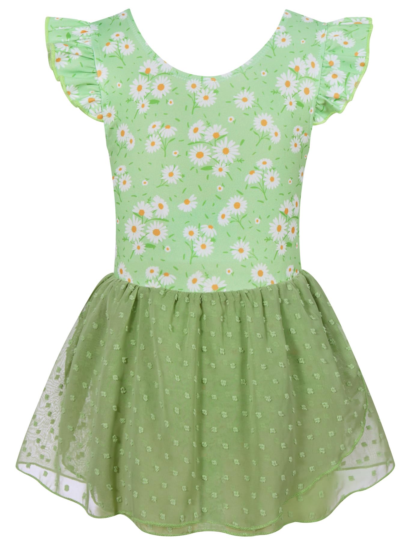 Girls green daisy floral ballet dress with chiffon skirt, cute kids dancewear for ballet classes and performances.