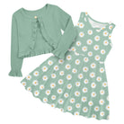 Girls Green Daisy dress and cardigan set with sage green cardigan and matching daisy print dress for spring, parties and casual outfits.