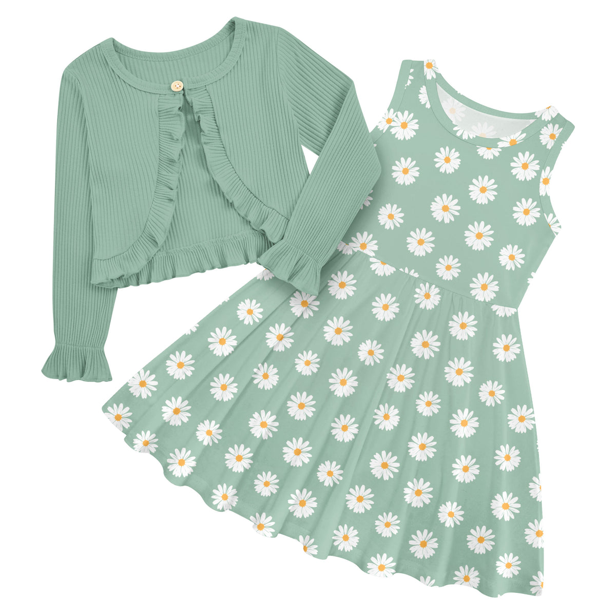 Girls Green Daisy dress and cardigan set with sage green cardigan and matching daisy print dress for spring, parties and casual outfits.