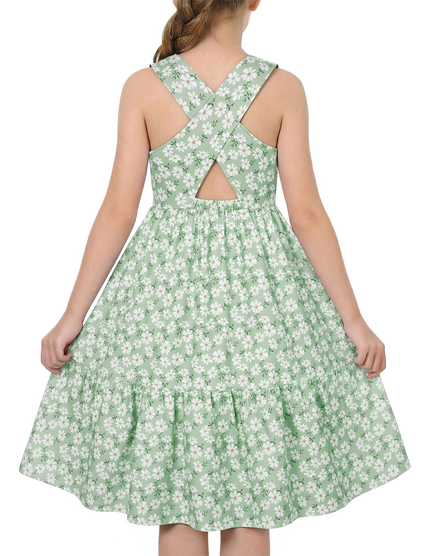 Girls green daisy rainbow strap sundress with colorful cross straps, lightweight summer dress for vacations and outdoor activities.