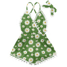 Girls green daisy print romper dress with matching headband, cute lightweight outfit for summer wear and outdoor activities.