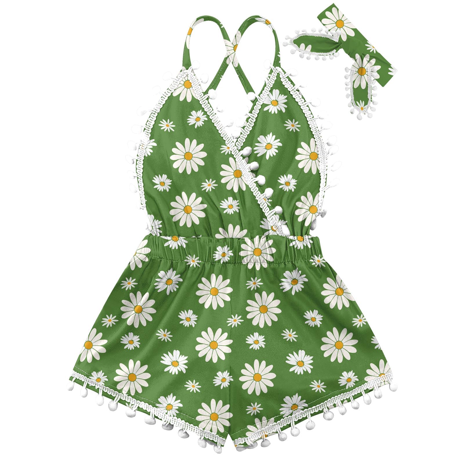 Girls green daisy print romper dress with matching headband, cute lightweight outfit for summer wear and outdoor activities.