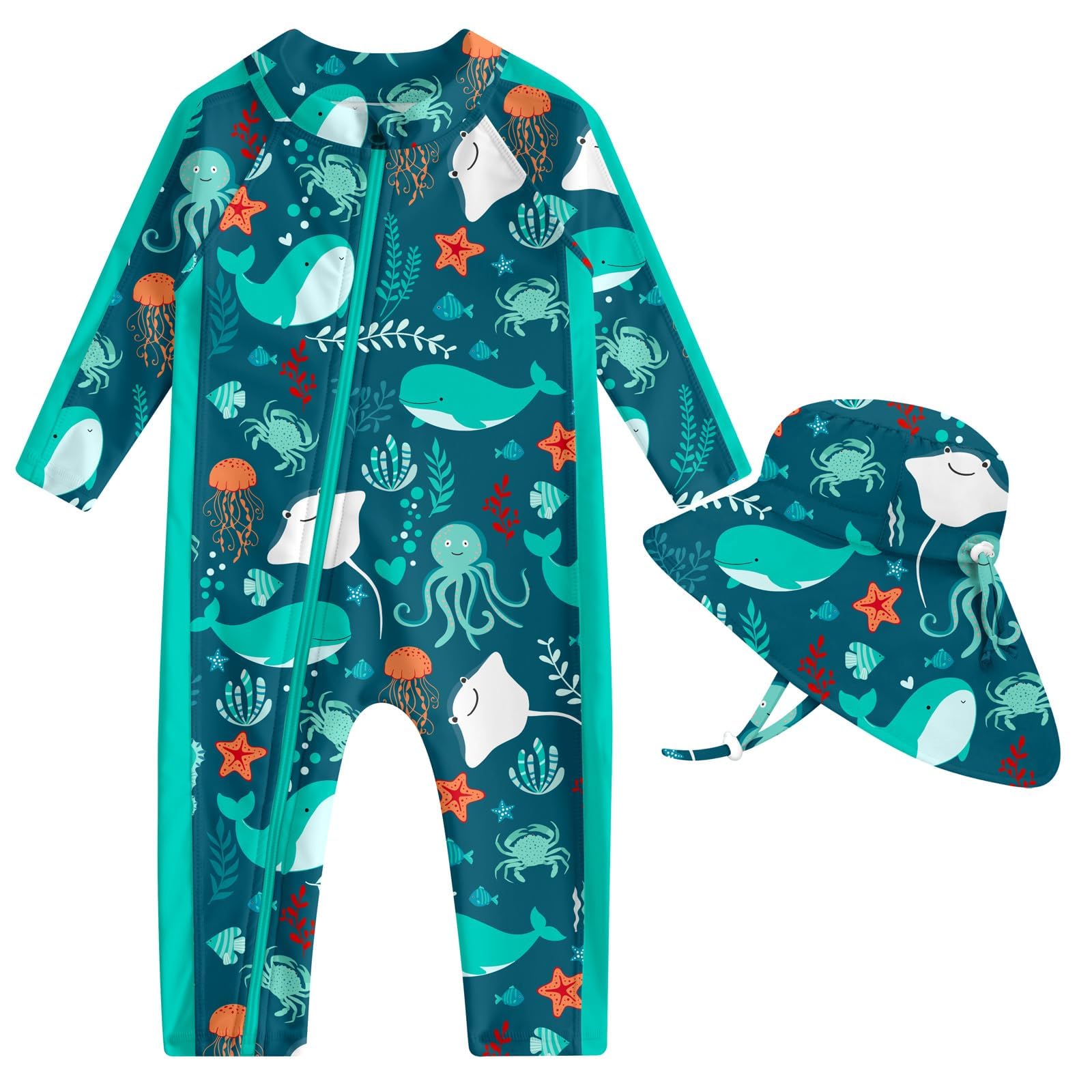 Toddler girls green dolphin print full coverage rash guard swimsuit with matching sun hat for beach, pool and outdoor water play.