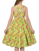 Girls green dot rainbow strap sundress with colorful cross straps, lightweight summer dress with a playful polka dot design for kids.
