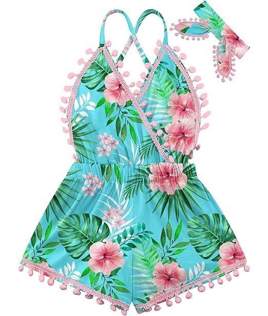 Girls green floral romper dress with matching headband, soft cotton blend clothing for summer vacations and family outings.