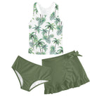 Girls green floral tankini swimsuit set with ruffle swim skirt and matching bottoms, cute summer swimwear for swimming and beach days.