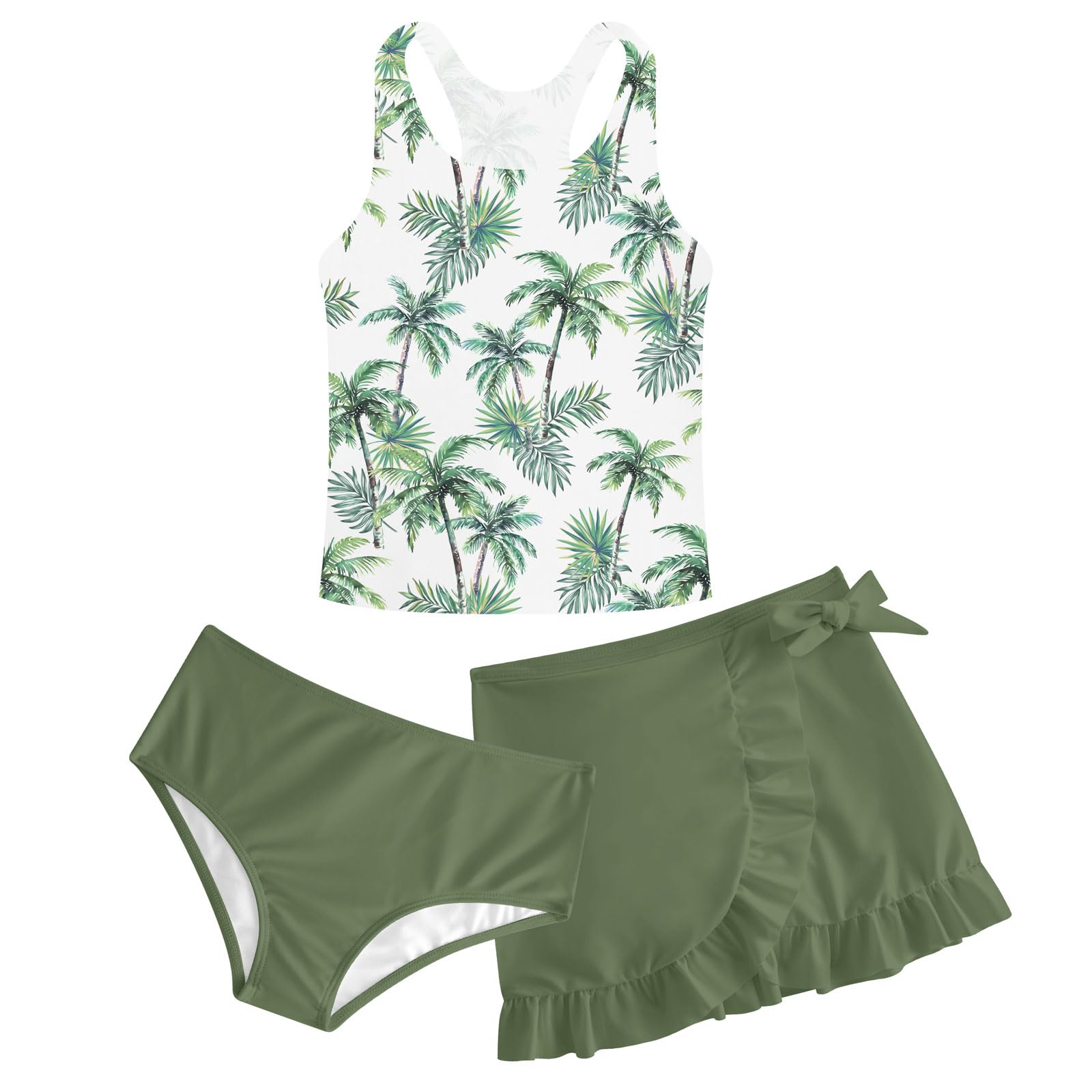 Girls green floral tankini swimsuit set with ruffle swim skirt and matching bottoms, cute summer swimwear for swimming and beach days.