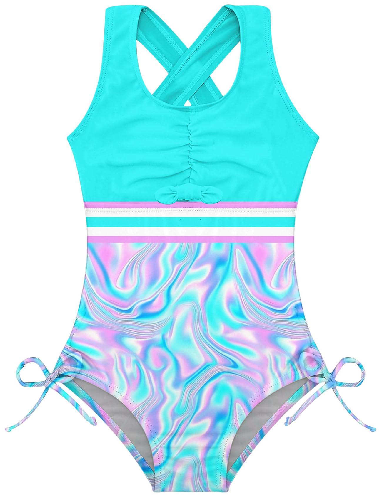 Girls laser print one piece swimsuit with colorful design, quick dry fabric and comfortable fit for summer water activities.