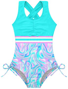 Girls laser print one piece swimsuit with colorful design, quick dry fabric and comfortable fit for summer water activities.