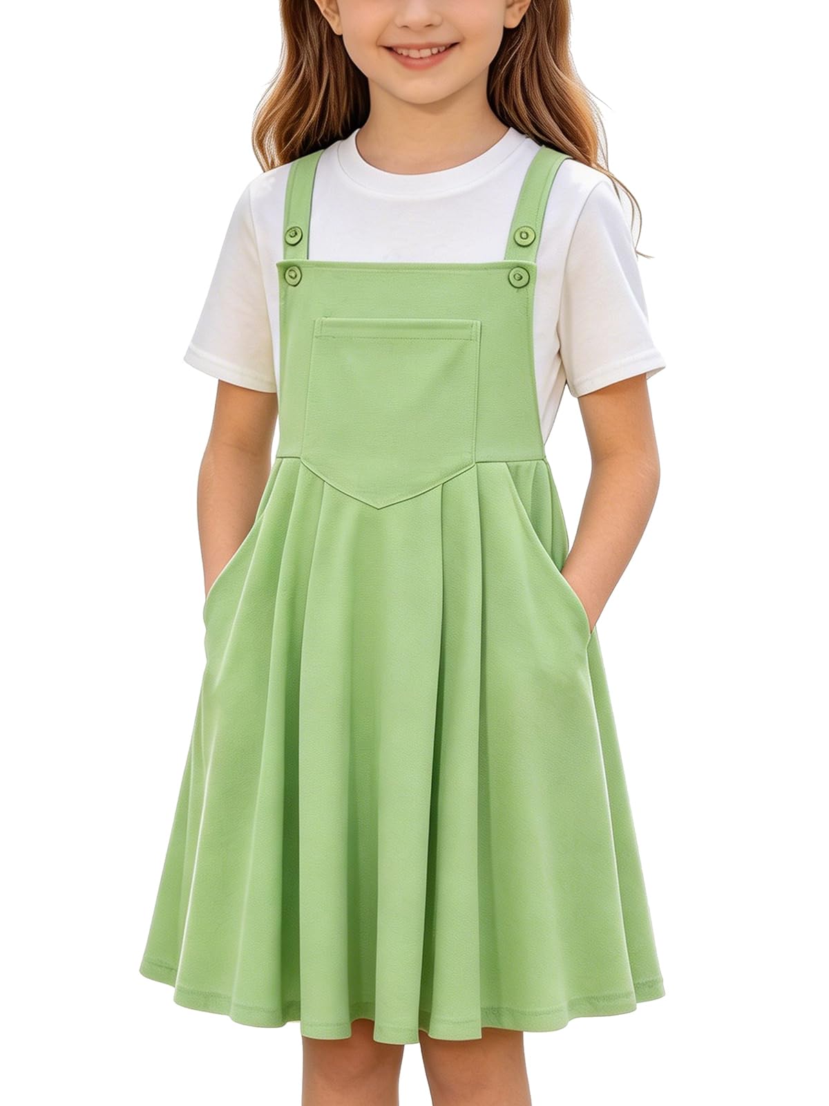 Girls green overall dress with T shirt set, comfortable everyday outfit for travel, school and outdoor activities.