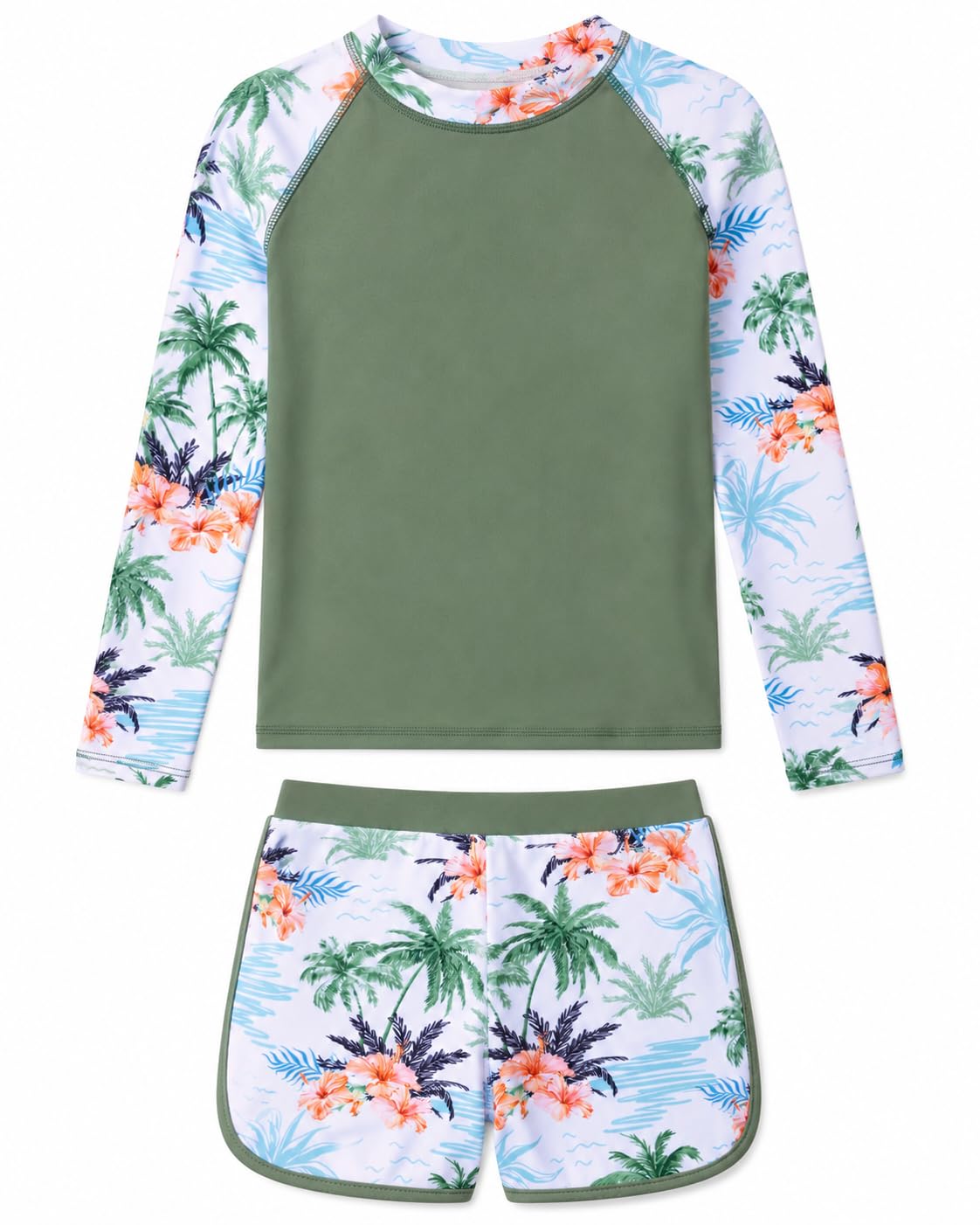 Girls green palm tree long sleeve rash guard swimsuit set with tropical print design, removable pads and matching bottoms for summer vacations.