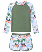Girls green palm tree long sleeve rash guard swimsuit set with tropical print design, removable pads and matching bottoms for summer vacations.
