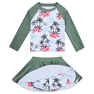 Girls Green Palm Tree long sleeve rash guard swim skirt set with tropical print and lightweight coverage for pools, beaches and summer vacations.