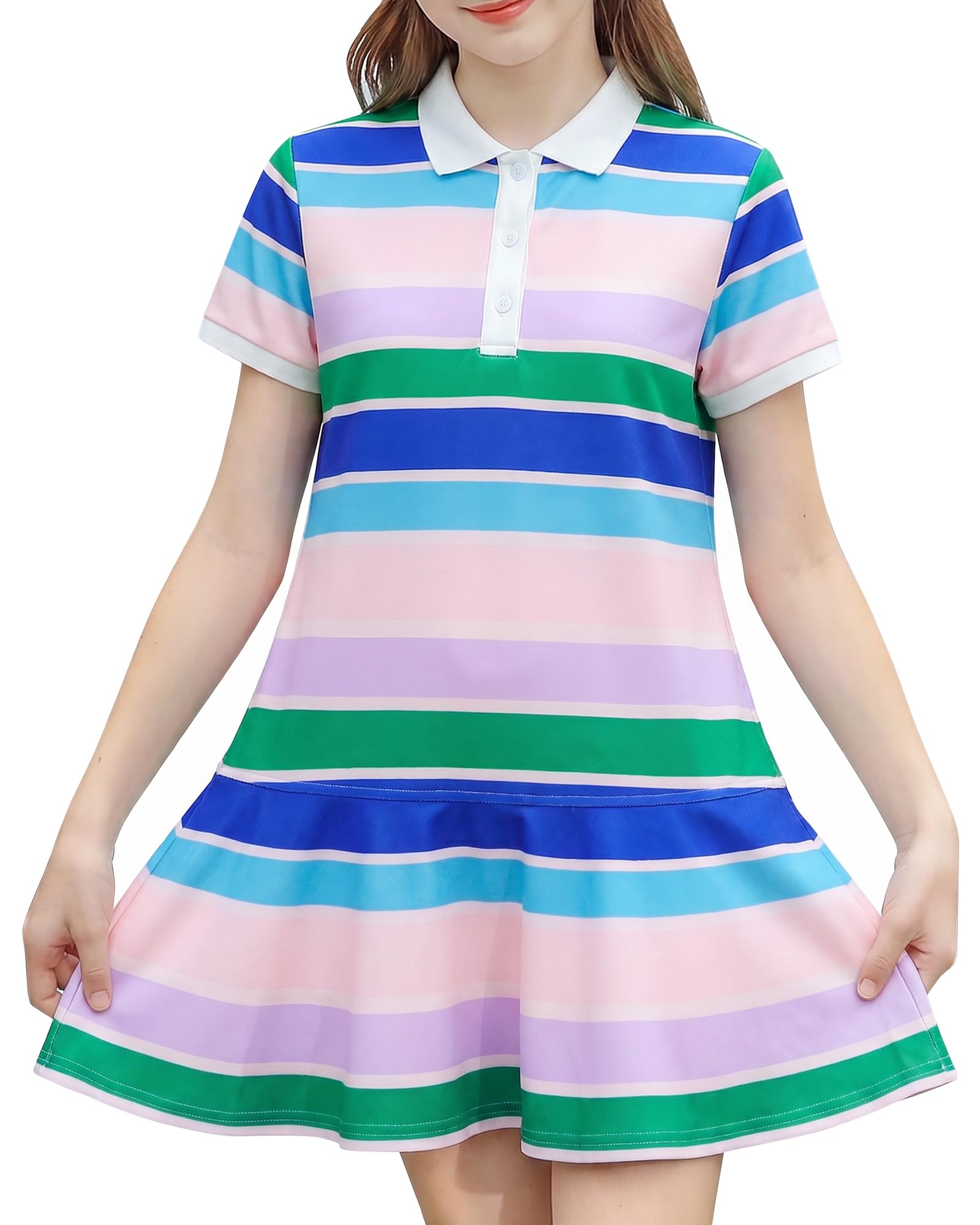Girls green striped polo dress with collared neckline, button front and pleated A-line skirt, comfortable school and casual outfit.