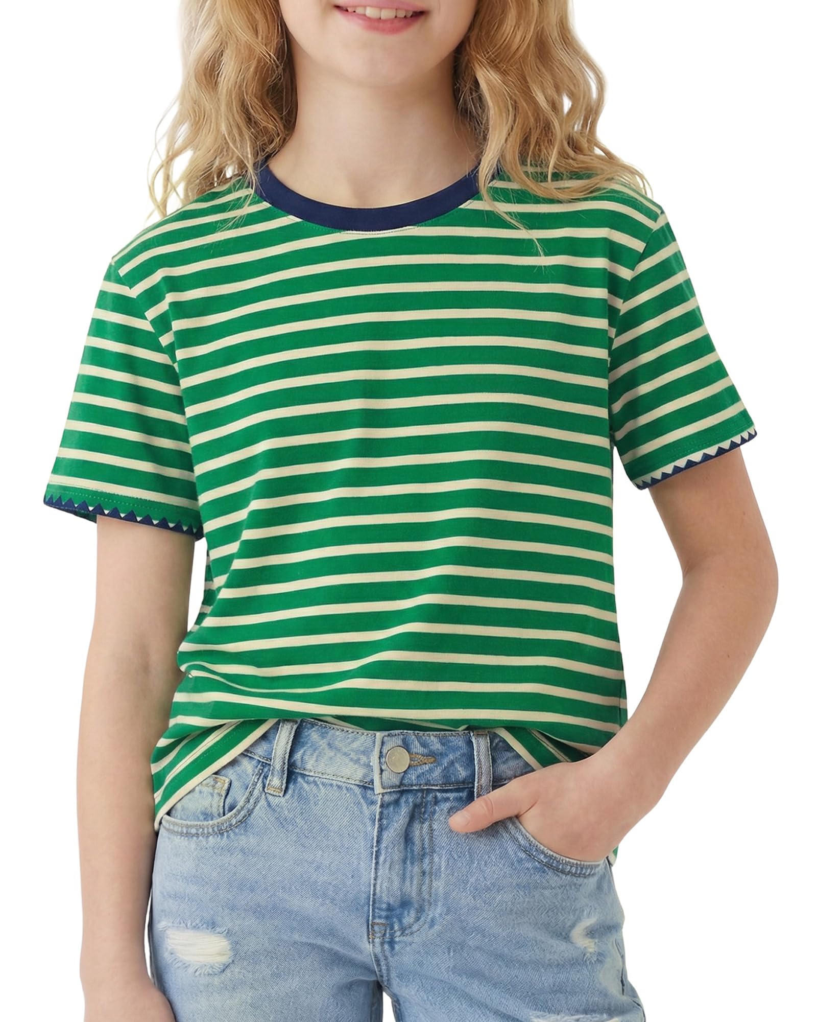 Girls green striped short sleeve shirt with breathable cotton blend fabric, casual kids top for summer wear.