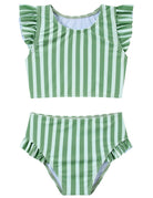 Girls green striped two piece bikini set with ruffle shoulder top and matching high-waist swim bottoms for beach and pool wear.