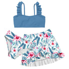 Girls grey blue 3 piece bikini swim set with solid ruffle top and light botanical print bottoms with matching swim skirt.